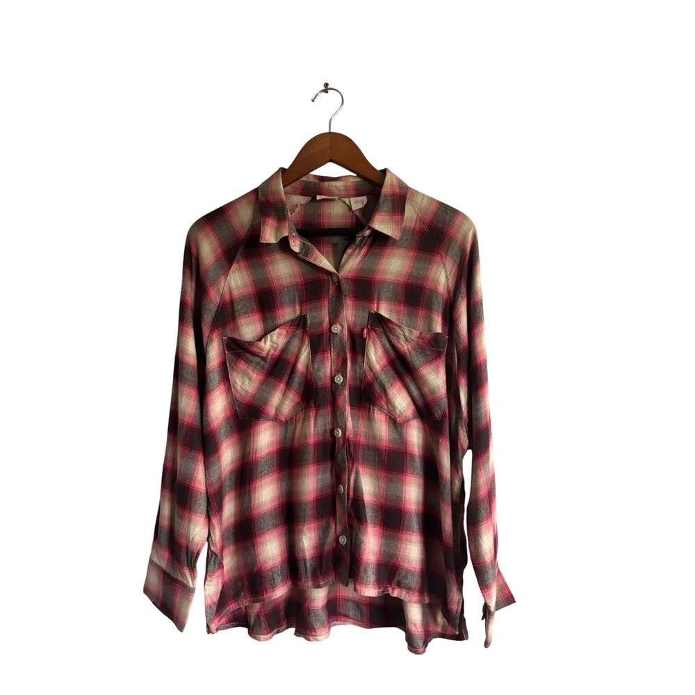 Levi's The Ex-Boyfriend Essential Shirt Plaid‎ Flannel Pink Gray Women's Size S